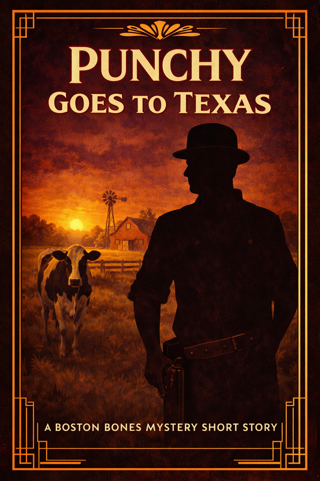 silhouette of a young man with a cow and a western-style windmill behind him