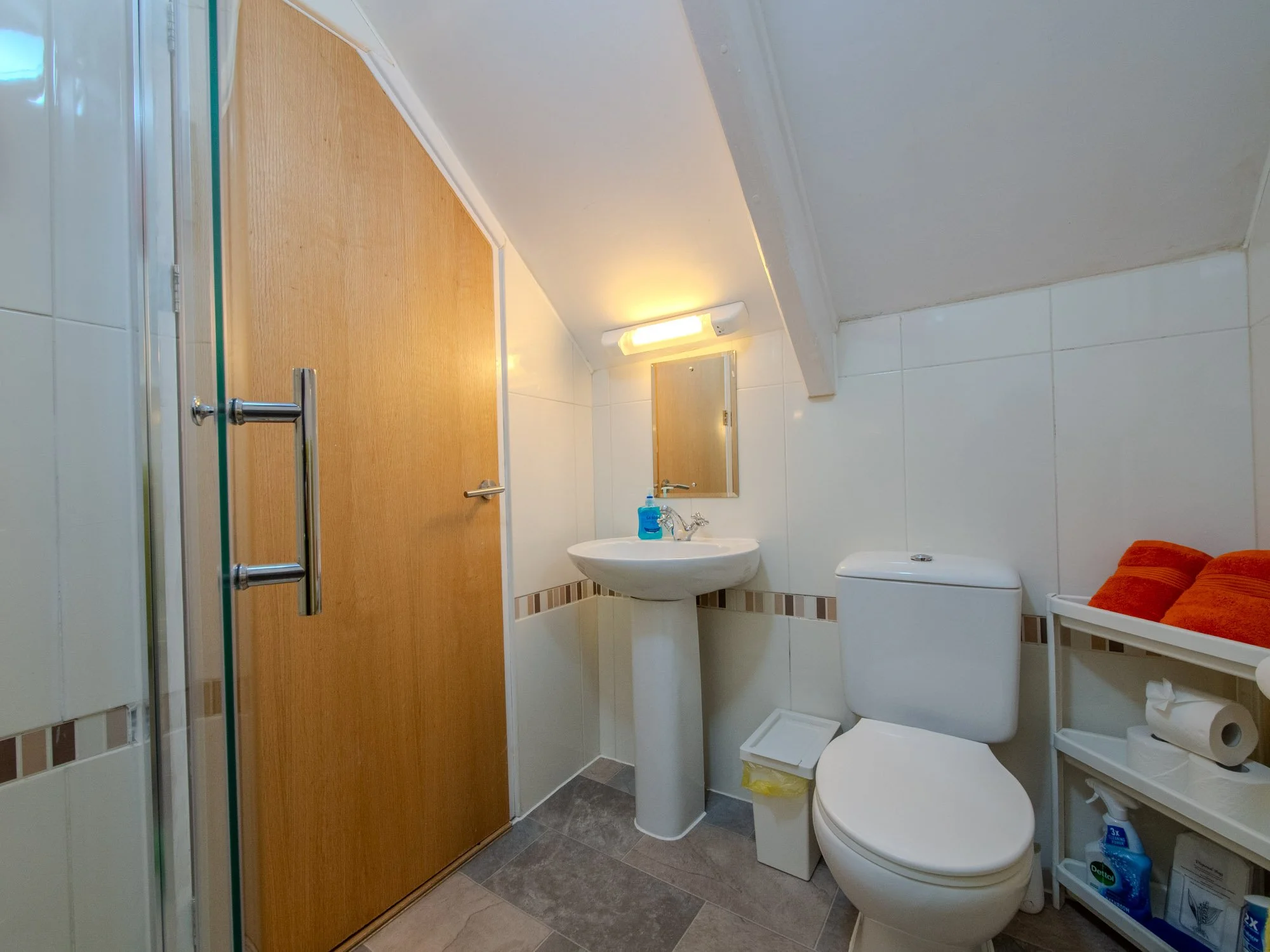 A small bathroom with a side closet door, a white toilet, a white sink with a mirror above it, and a shelf with toiletries. There is a small trash bin and a rack with toilet paper rolls. A light fixture illuminates the space.