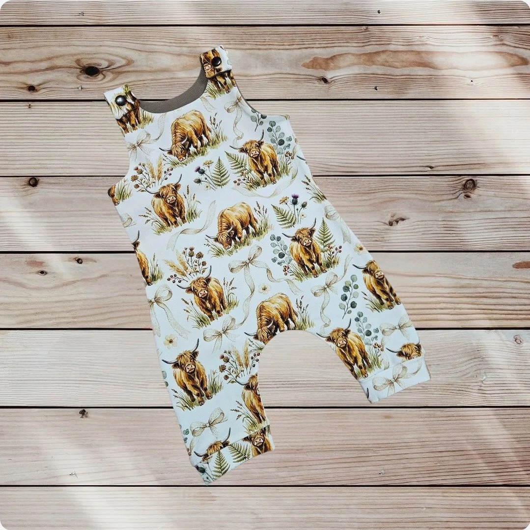 Cotton Jersey Romper - White Highland Cow