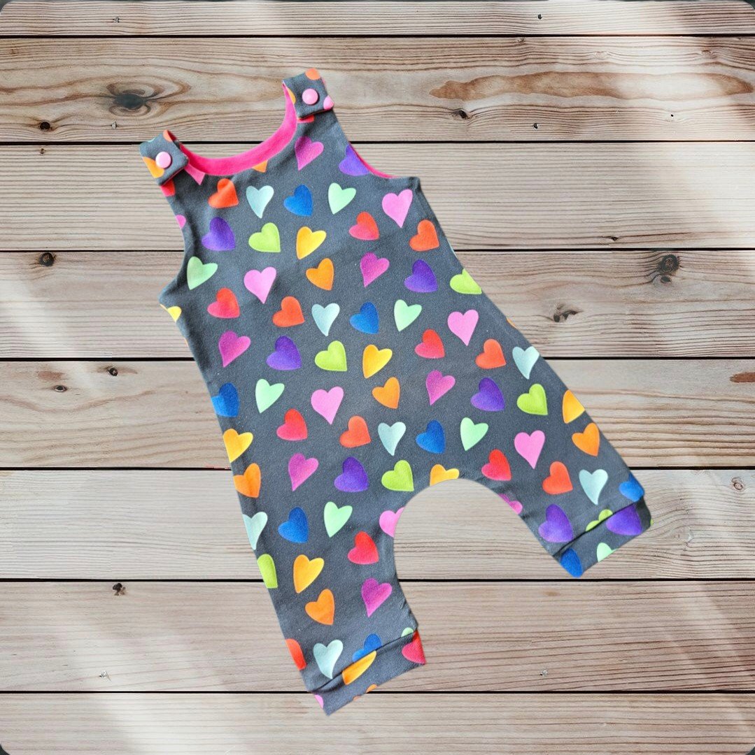 Cotton Jersey Romper - Grey Rainbow Love Hearts *exclusive*