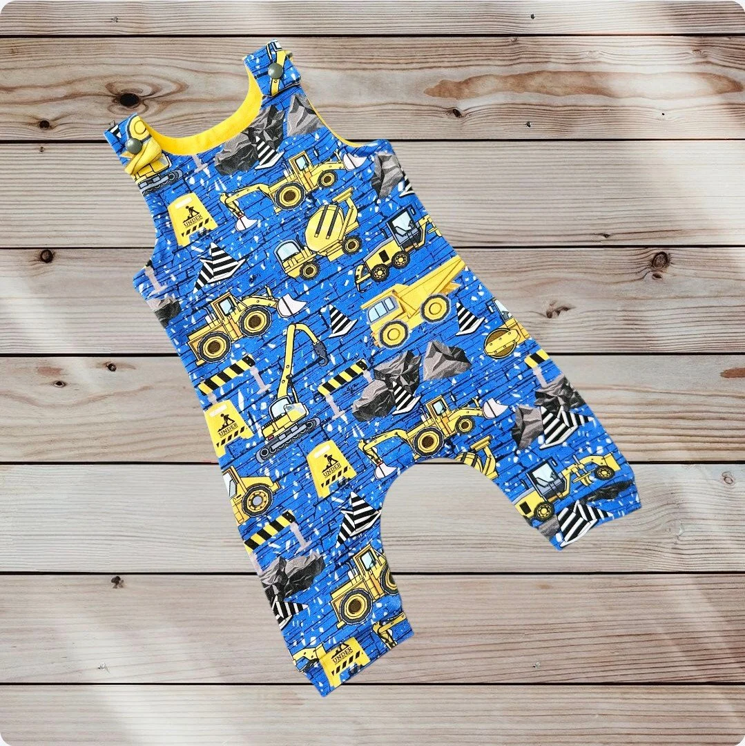 Cotton Jersey Romper - Blue Construction/Diggers
