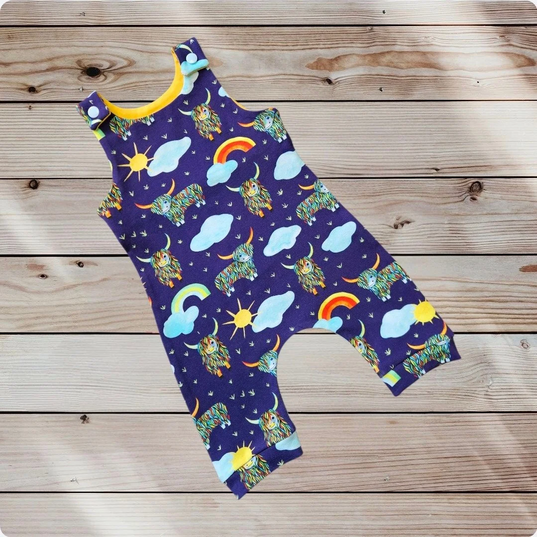 Cotton Jersey Romper - Rainbow Highland Cow