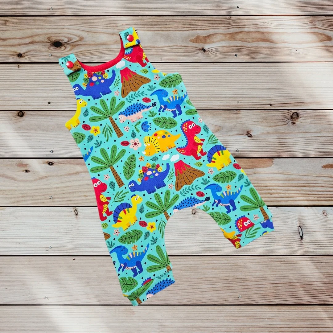 Cotton Jersey Romper -Turquoise Dinosaurs