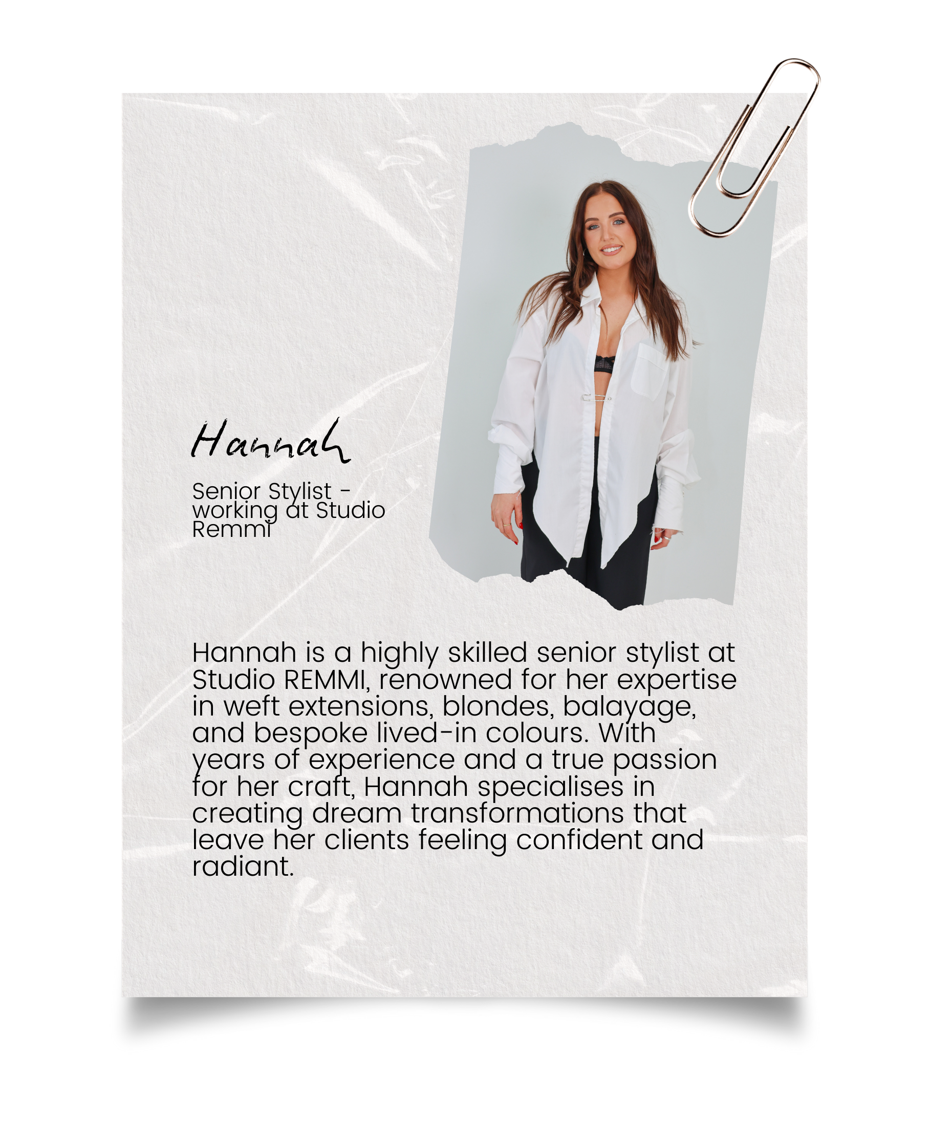 Profile card of Hannah, a senior stylist working at Studio REMMI. It features a photo of Hannah, some her professional details, and a description of her skills and experience.
