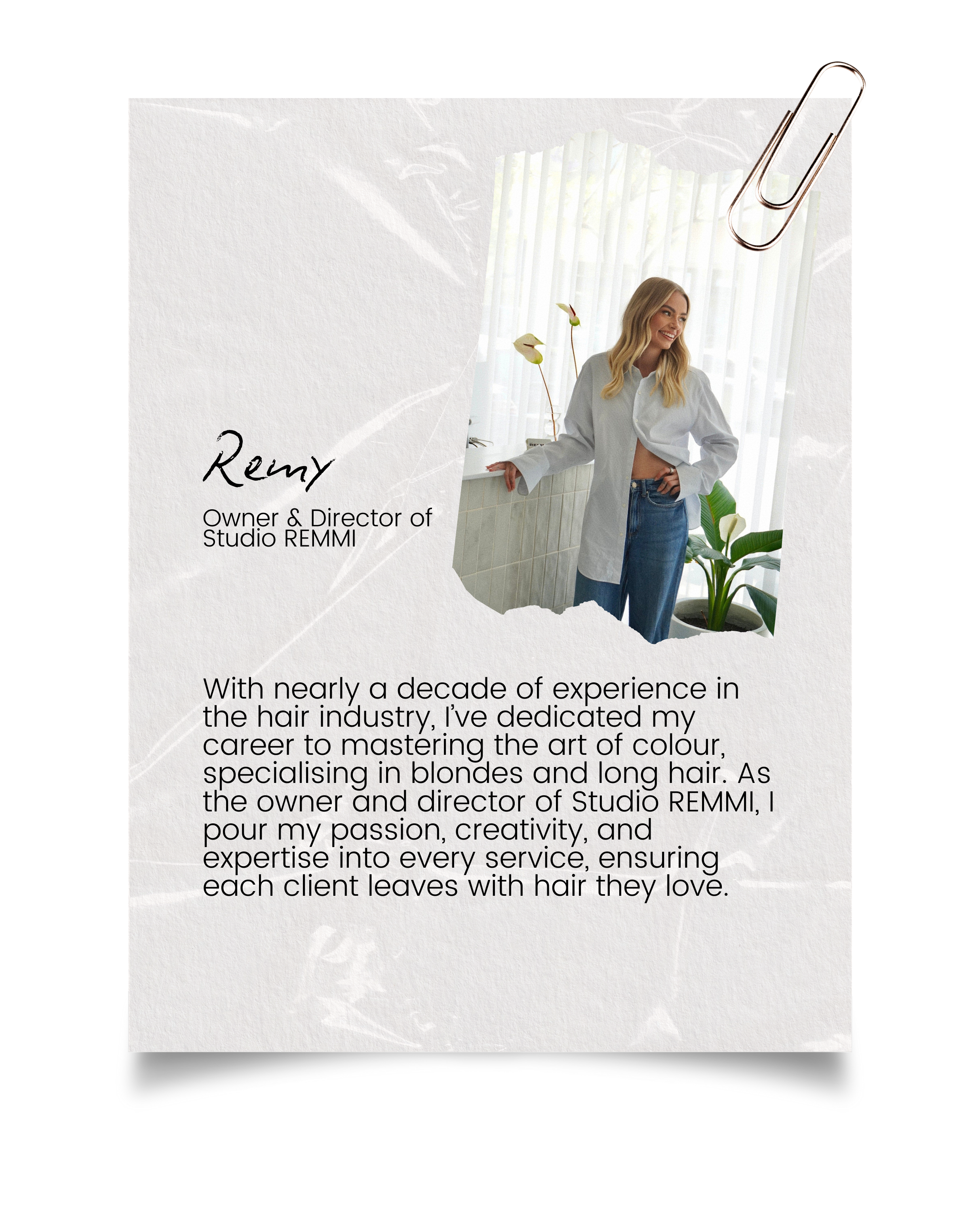 Business card featuring a photo of a woman with blonde hair wearing a white shirt standing by a window with plants, with her name 'Remy' and title 'Owner & Director of Studio REMMI,' and a paragraph describing her hair industry experience and services.