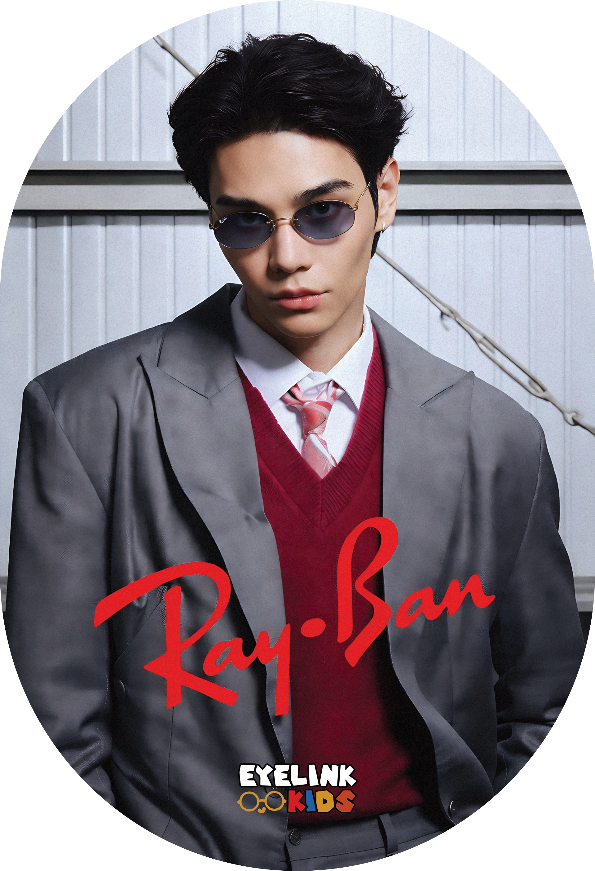 A young man with dark hair wearing sunglasses, a gray blazer, a white shirt, a red vest, and a pink and white striped tie. He is standing in front of a industrial-looking background with a large semicircular shadow overhead. The image text includes '
