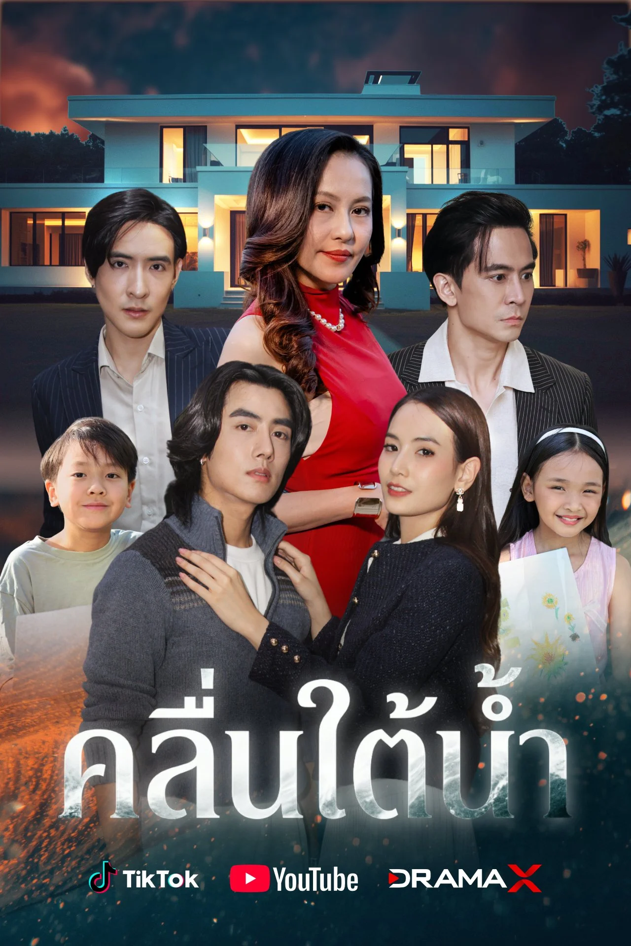 A poster for the Thai drama series 'Klai Khan Tan' with seven characters in front of a modern house at dusk. The title is in Thai script at the bottom, along with icons for TikTok, YouTube, and DramaX.