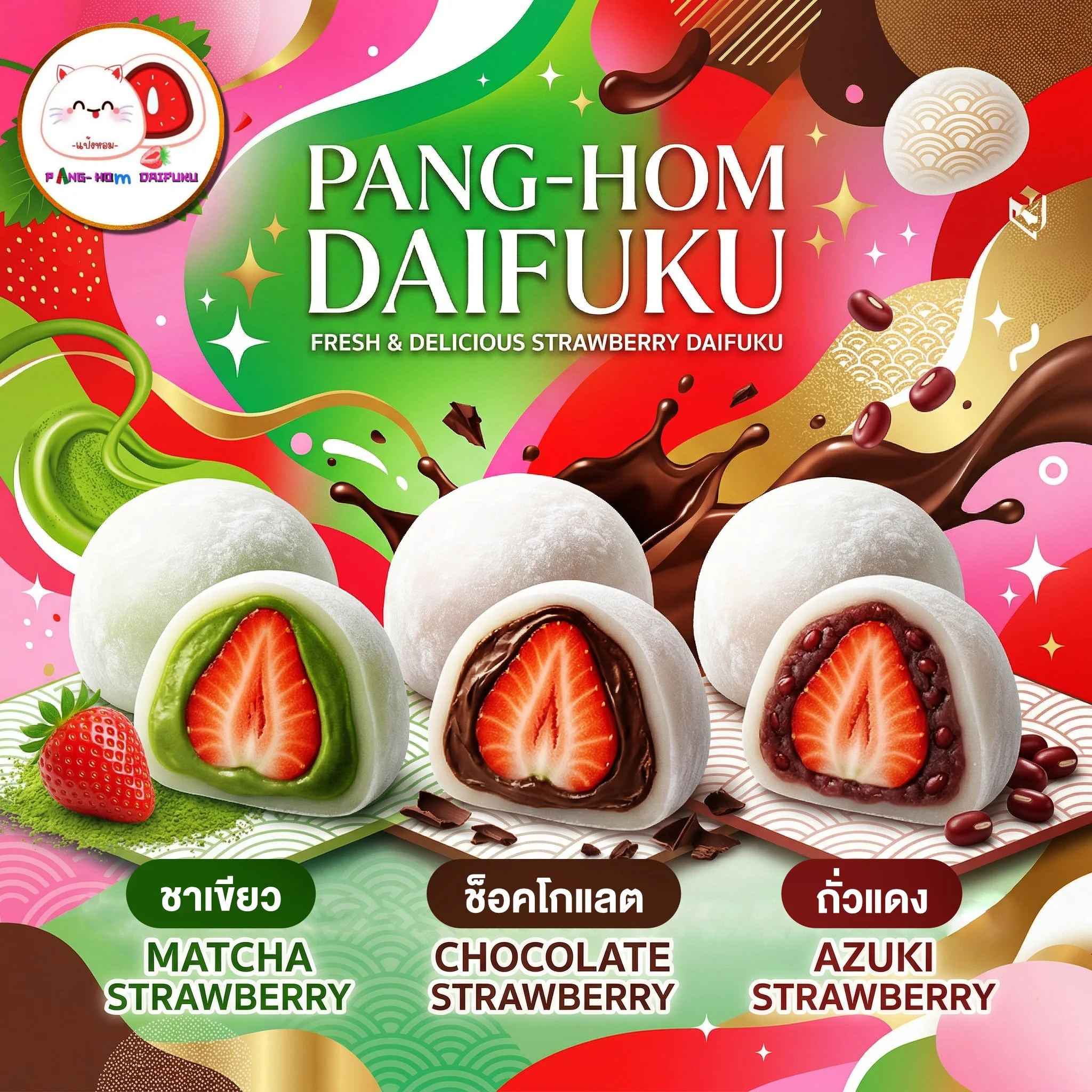 Packaging of Pang-Hom Daifuku, a strawberry mochi treat, featuring three varieties: matcha strawberry, chocolate strawberry, and azuki strawberry, with vibrant colors and graphics of strawberries and chocolate splashes.