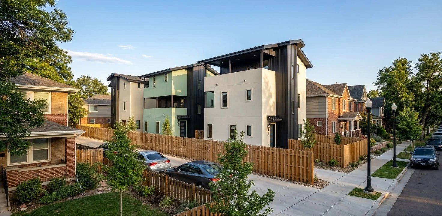 Residential three-unit development with modular construction.