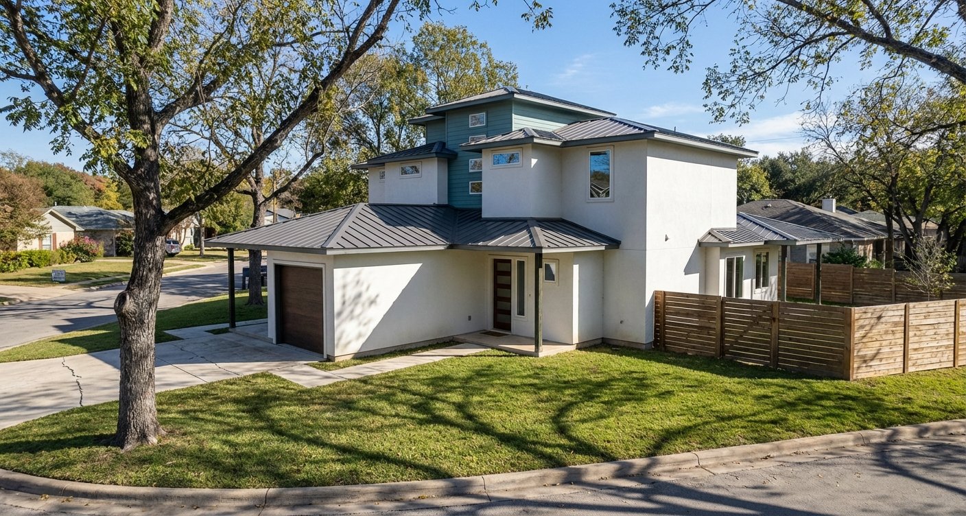 Residential duplex, urban infill development.