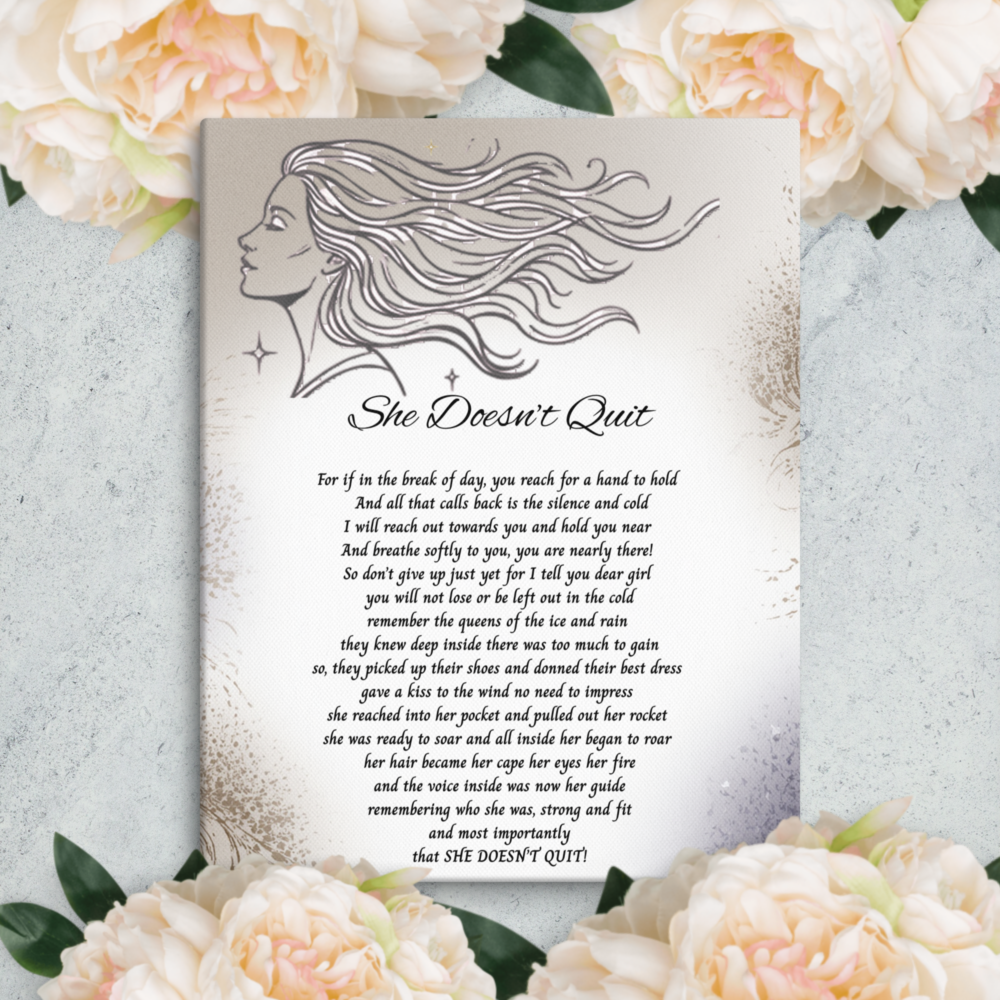 She Doesn't Quit Motivation Poem Original on Canvas © 2025 fpfcreative