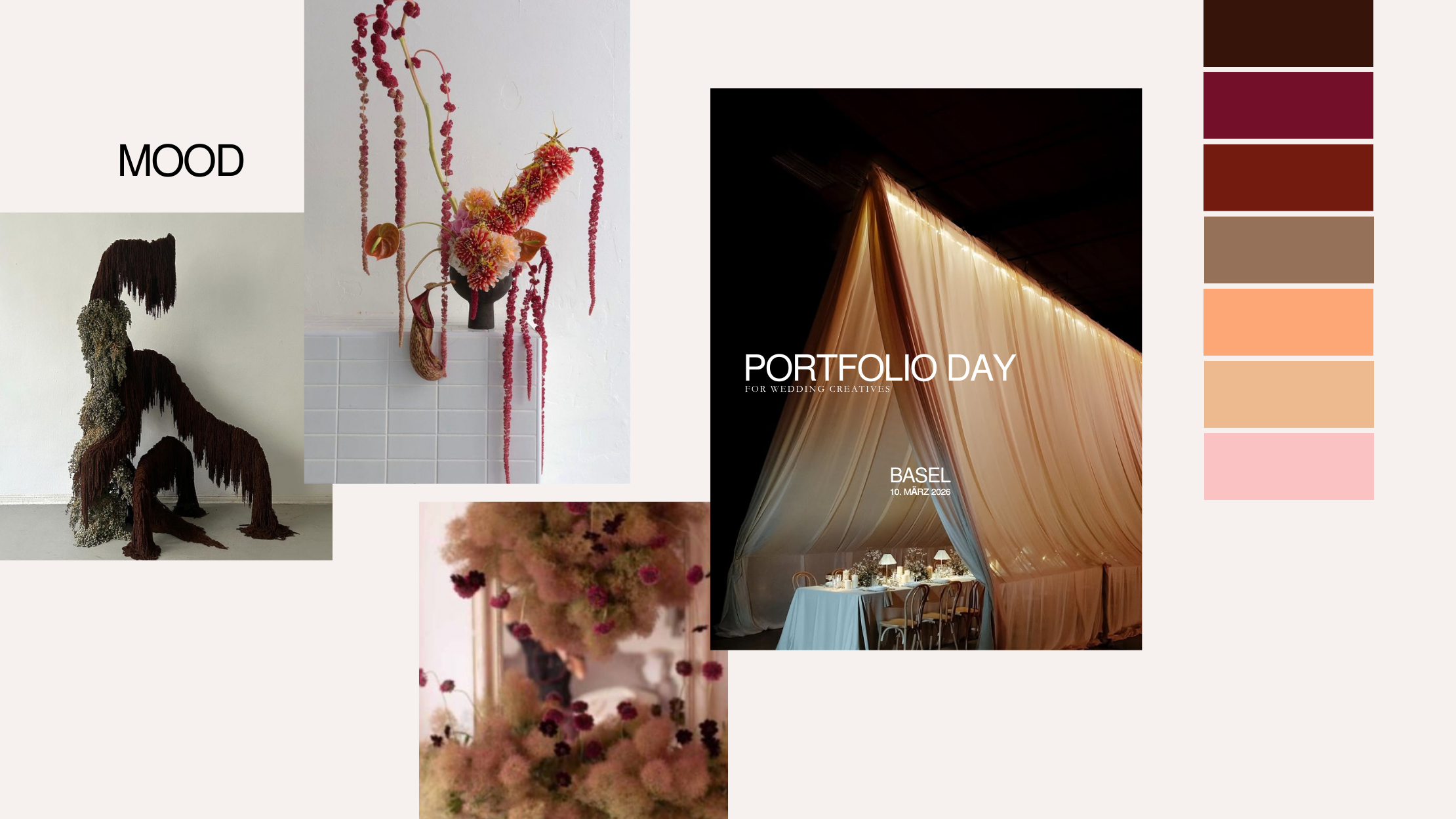 Ein Moodboard mit vier Fotos. Das erste Bild zeigt eine skulpturartige Kunstinstallation aus Naturmaterialien, das zweite ein Blumenarrangement mit roten und rosa Blumen, das dritte ein Bild mit einer großen Stoffdrapierung in warmen Tönen für eine Eventdekoration mit dem Text 'PORTFOLIO DAY', und das vierte ein unscharfes Blumenbild in Pastellfarben mit rosa und braunen Tönen.