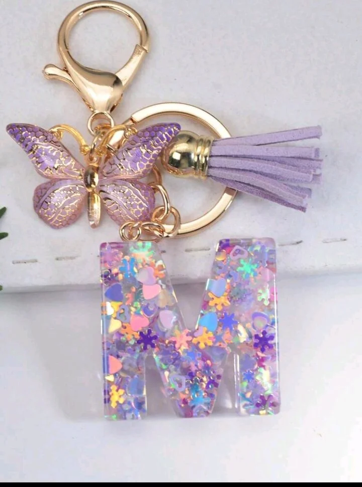 Sparkling Letter Tassel Keychain with Butterfly Charm