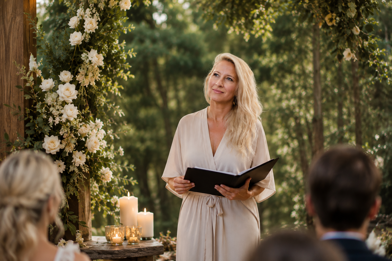 Close-up of a bride and groom holding hands, showing wedding rings. Celebrant and singer for weddings in surrey. Elizabeth Reah celebrant and singer
