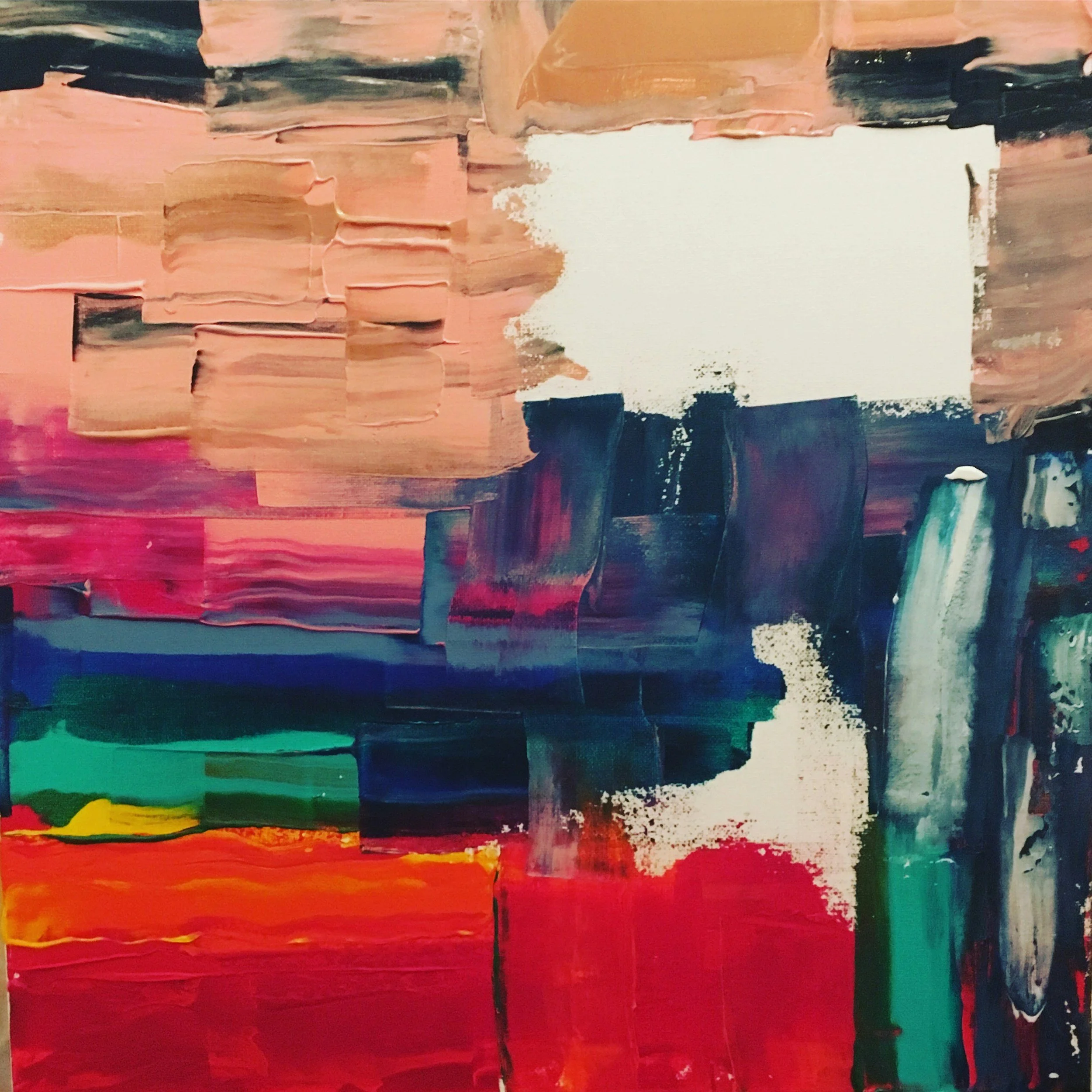 Abstract painting with bold, vibrant colors including reds, blues, greens, pinks, and oranges with layered and textured brushstrokes.