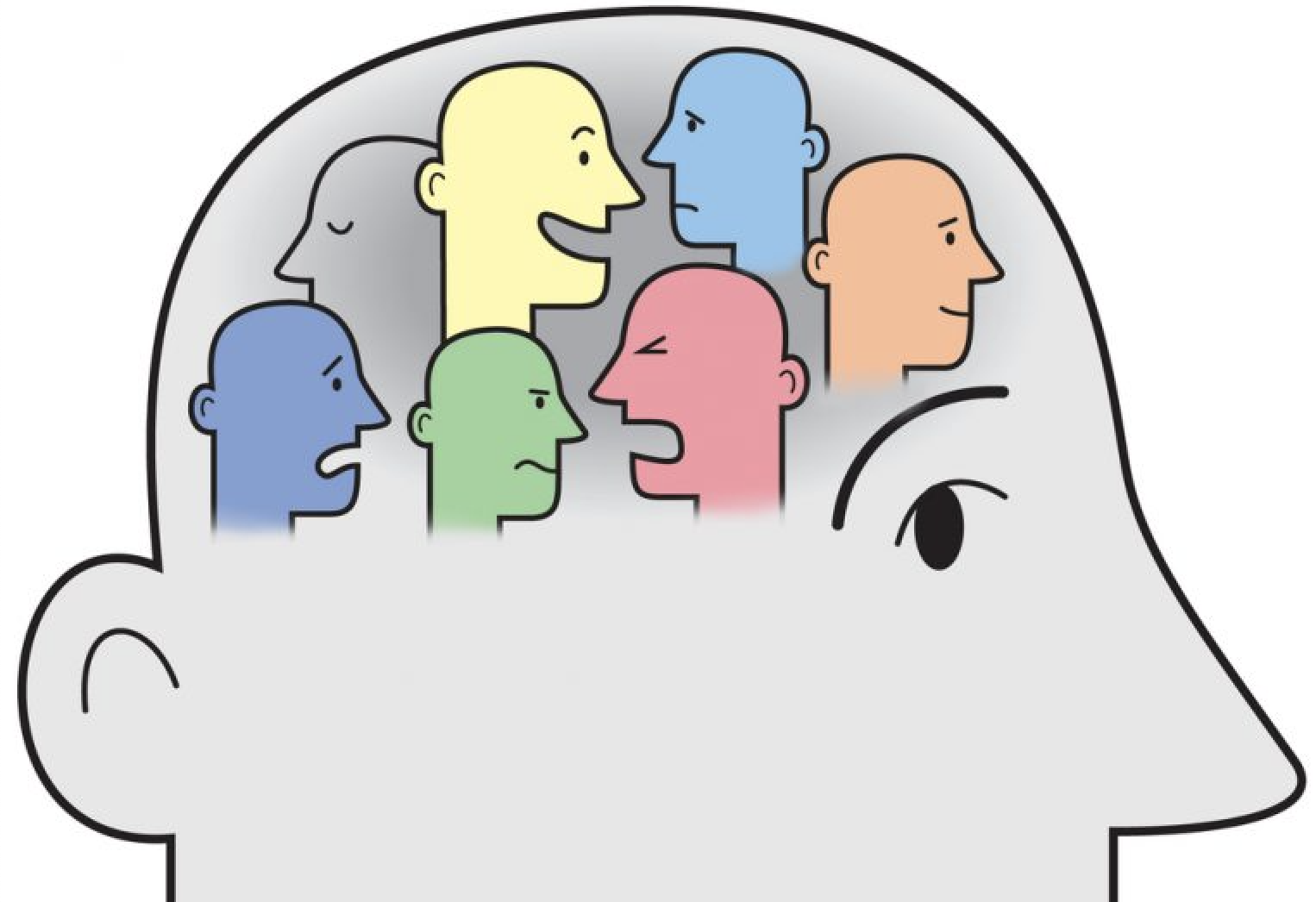 Illustration of a human head silhouette with colorful faces representing different emotions inside, such as happiness, anger, sadness, and boredom.
