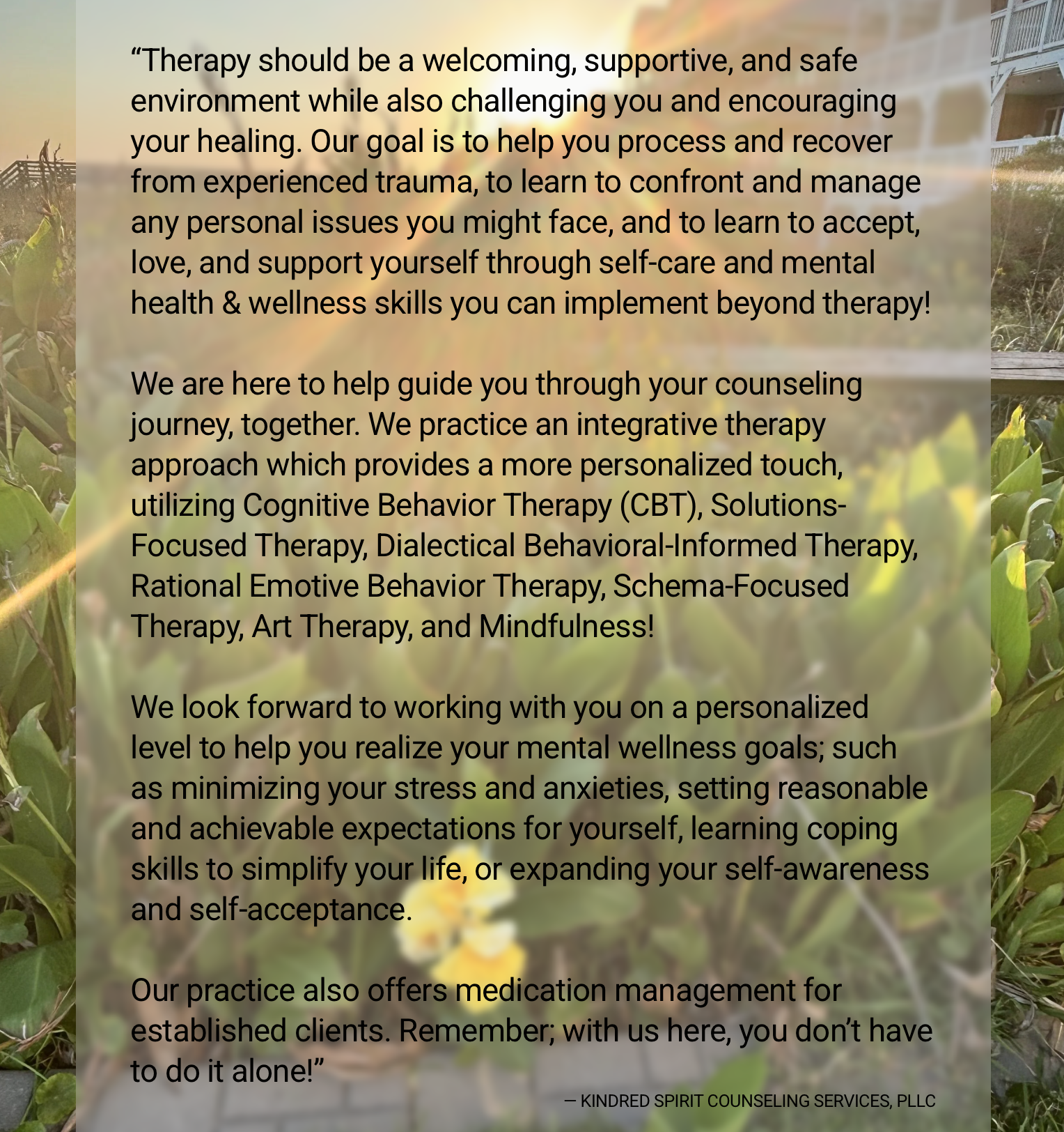 Text overlay on a background of green plants and sunlight. The text discusses the importance of a supportive therapy environment, integrative therapy approaches including CBT, art therapy, mindfulness, and mental wellness goals.