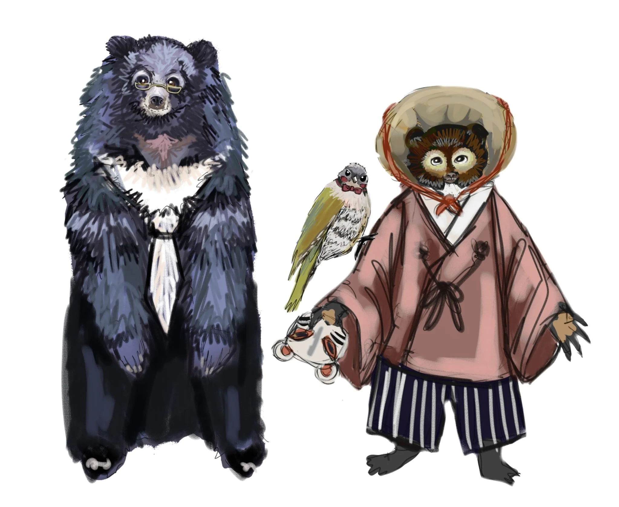 Illustration of a fluffy black dog with glasses, and a person in traditional Japanese clothing and mask, holding a small toy dog.