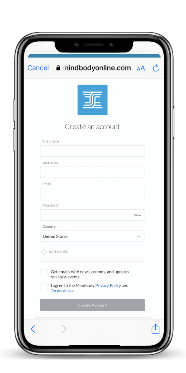 Mobile phone screen displaying a sign-up form on a website called mindbodyonline.com, with fields for first name, last name, email, password, country, options to add family, and checkboxes for email updates and agreeing to terms.