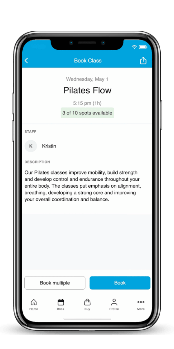 Smartphone displaying a booking app for a Pilates class named 'Pilates Flow' scheduled for Wednesday, May 1 at 5:15 pm, with 3 of 10 spots available, and options to book or book multiple classes at the bottom.