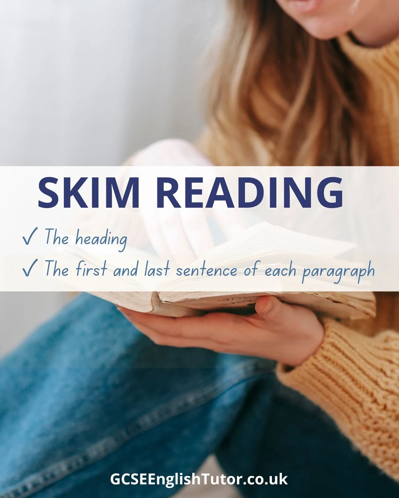 When skimming, begin with headings, check the first sentence of each paragraph, and glance at the last sentence. Why skim read? #gcseenglish #gcseenglishlanguage #gcseenglishliterature