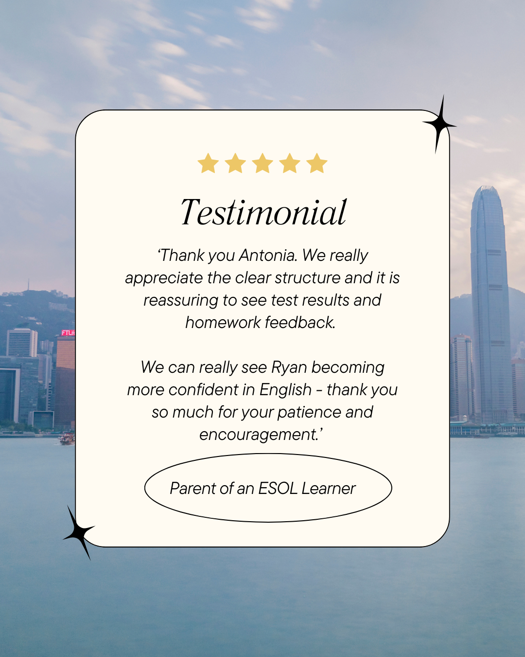 a 5-star review about tutoring from a parent who's child is learning english as a second language. 