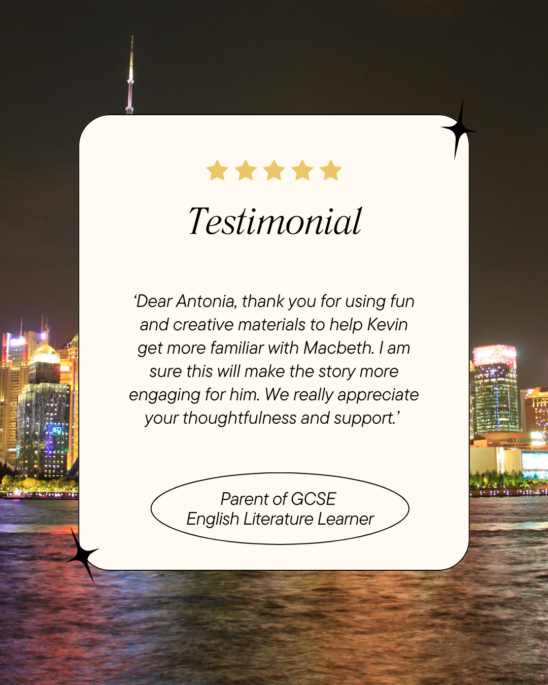 A five star testimonial including a message thanking Antonia for educational materials about Macbeth, from a parent of a GCSE English Literature student.