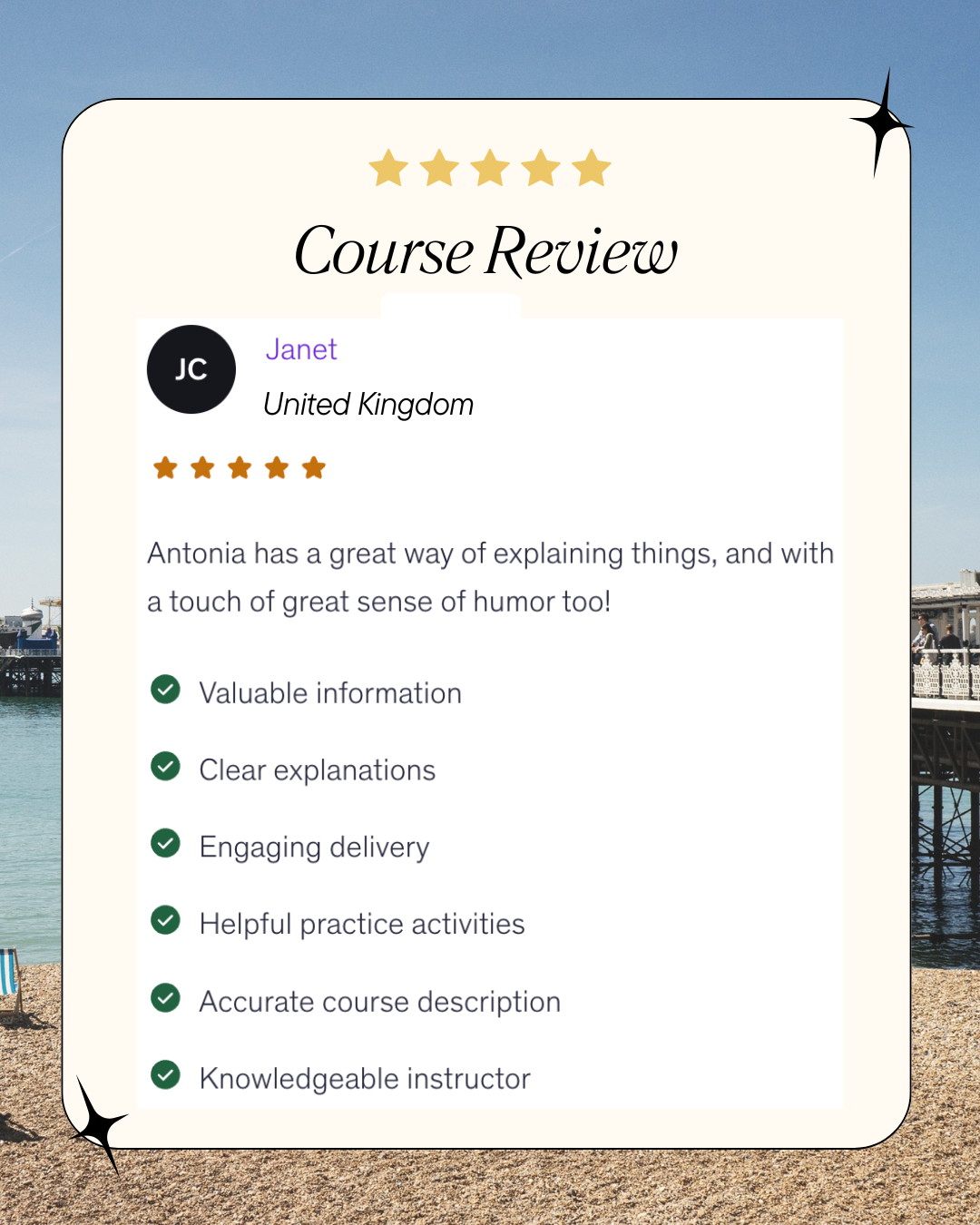 A 5 star course review about tutor Antonia - she explains this well and has a good sense of humour.