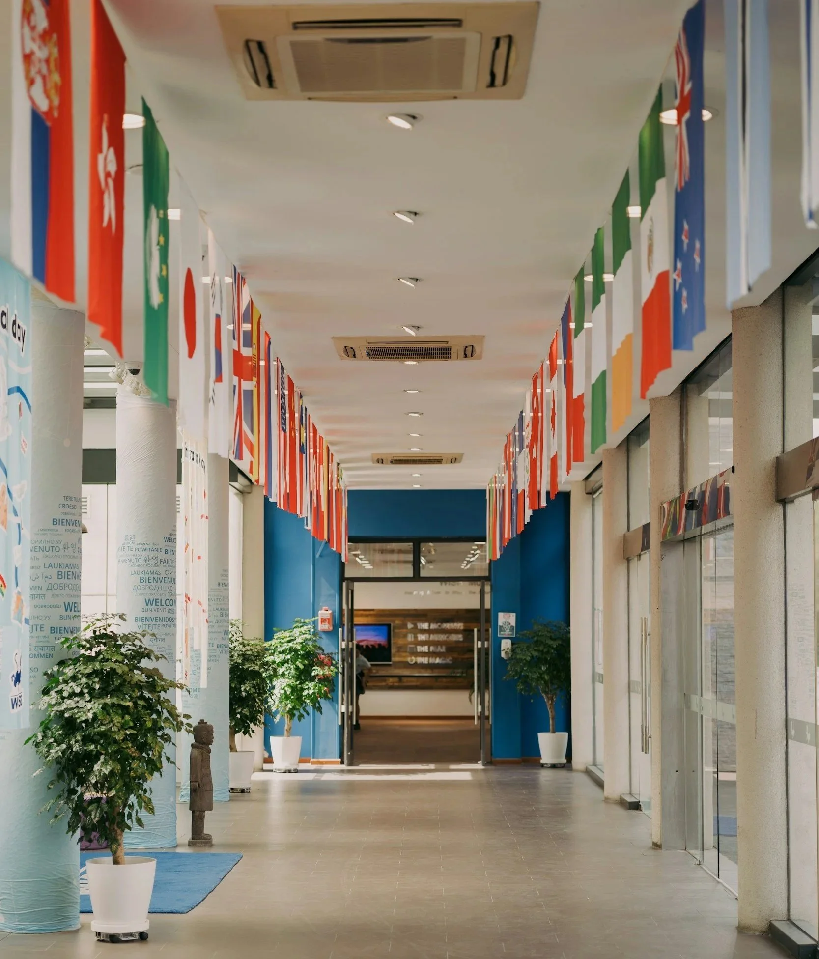 school corridor with international flags