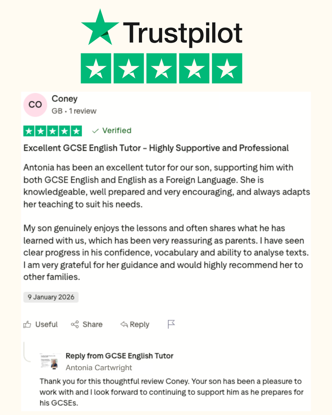 5 star rating review on Trust Pilot for English GCSE and EFL tutoring