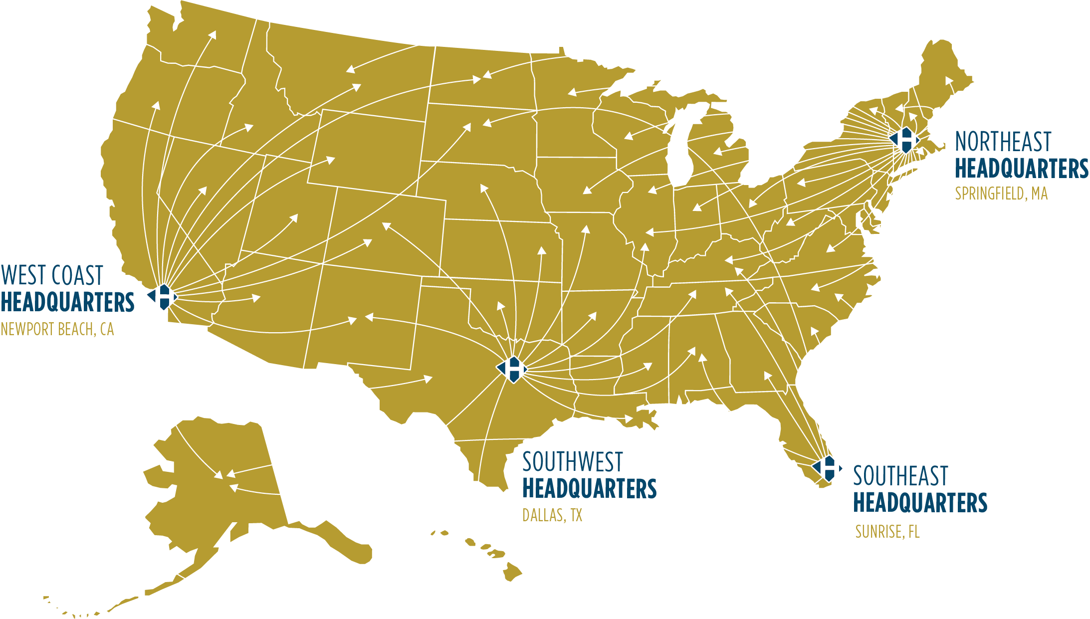 Map of the United States showing the locations of four company headquarters with arrows pointing to different regions: Northeast headquarters in Springfield, MA; Southeast headquarters in Sunrise, FL; Southwest headquarters in Dallas, TX; West Coast headquarters in Newport Beach, CA.