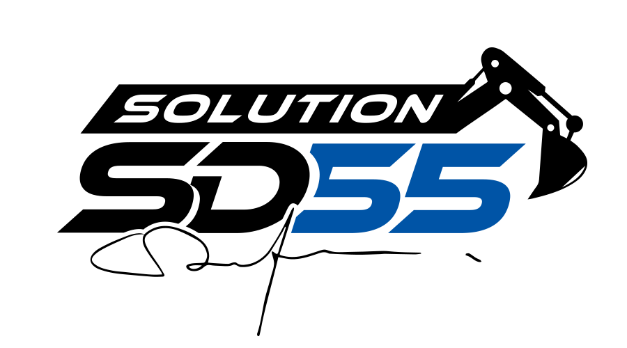 Logo avec le texte 'SOLUTION 55' en blanc et bleu sur fond noir.