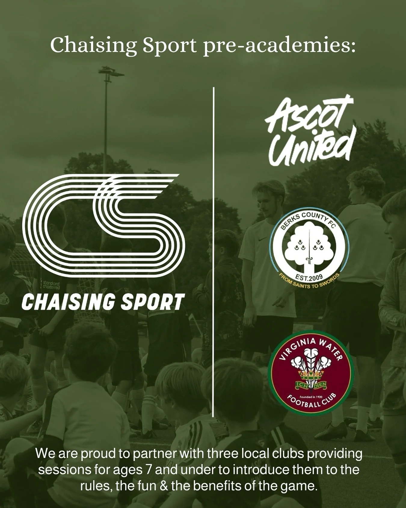 3 Clubs. 3 Locations. One perfect session for you.⚽

Chaising Sport is proud to have teamed up with Ascot United, Virginia Water &amp; Berks County to deliver U5&ndash;U7 pre-academy sessions; so every young player can get involved.

🗓 Pick your per