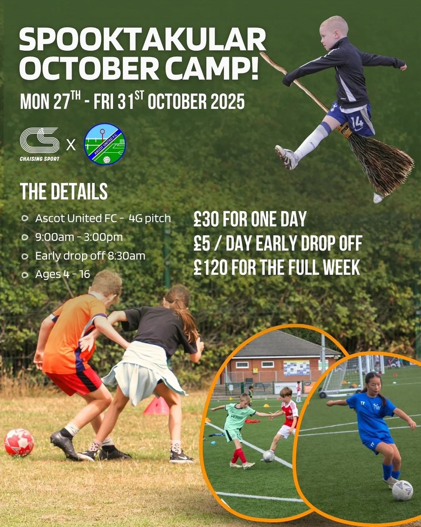 October Football Camp🎃

Keep the kids active this October half term with our football-only camp at Ascot United FC ⚽

✅ Fun drills, games &amp; mini matches
✅ Prizes &amp; certificates to take home
✅ All abilities welcome

Spaces are disappearing qu