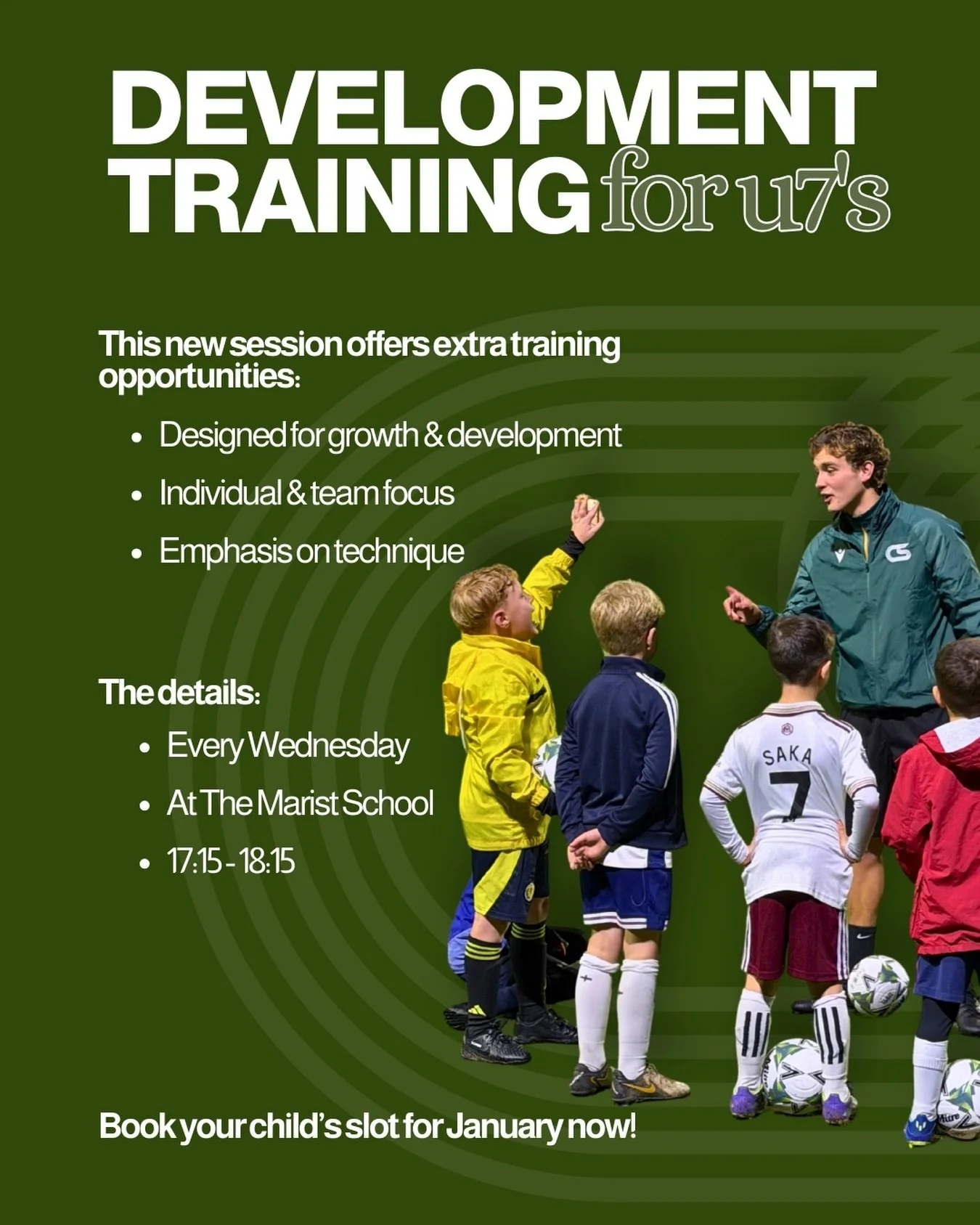 New year, new sessions...

Our Under 7&rsquo;s Development Training is the perfect way for your child to level up their game in 2026; with energy, confidence, and skill-building fun!

Whether they&rsquo;re just starting out or ready to sharpen their 
