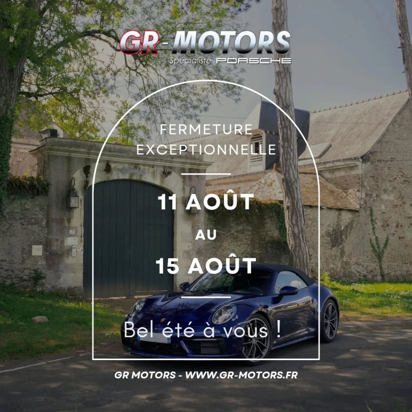 ☀️ C&rsquo;est l&rsquo;heure de faire une petite pause !
GR Motors sera ferm&eacute; exceptionnellement du 11 au 15 ao&ucirc;t inclus.
On vous souhaite un tr&egrave;s bel &eacute;t&eacute; et on se retrouve en pleine forme &agrave; la rentr&eacute;e 