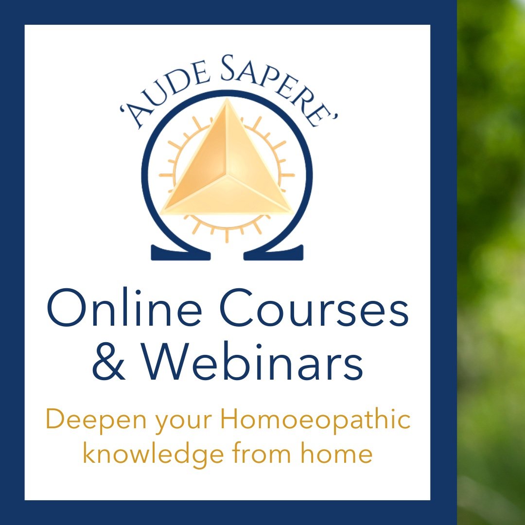 Logo for 'Aude Saperé' offering online courses and webinars about homeopathic knowledge, featuring a golden triangular emblem and text in navy and gold.