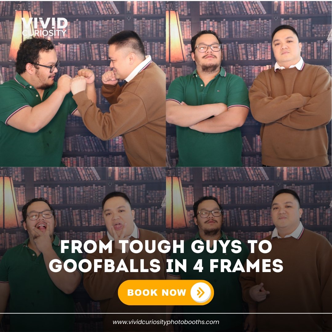 Fist bump. Arms crossed. Tongues out. Best friends. 📸😂

Four frames is all it takes to go from "we're serious" to "we cannot be trusted near a photobooth." And honestly, that's our favorite kind of session.

At Vivid Curiosity P