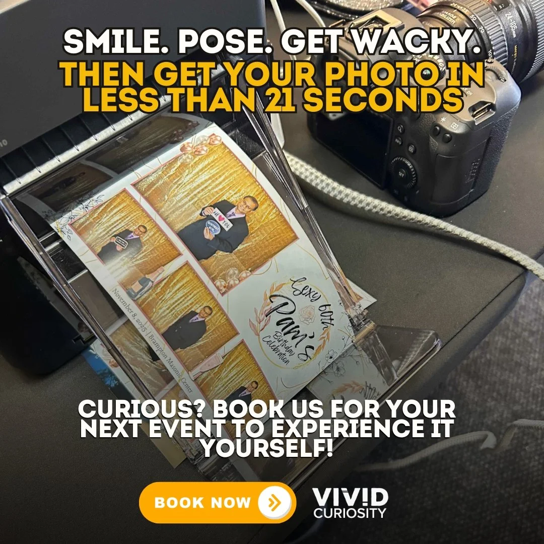 Snap. Print. Done. In under 21 seconds. 🖨️📸
No waiting around, no ""we'll email you the photos later."" Your guests step up, strike a pose, and walk away with a print before the next group is even ready.

That's the Vivid Curios