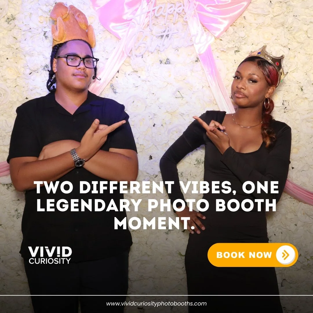Chicken hat. Jeweled crown. Both unbothered. Both iconic. 🐔👑📸

That's the thing about a great photobooth setup. It doesn't matter if you're going silly or going serious. The backdrop holds, the lighting flatters, and the photo turns out better tha