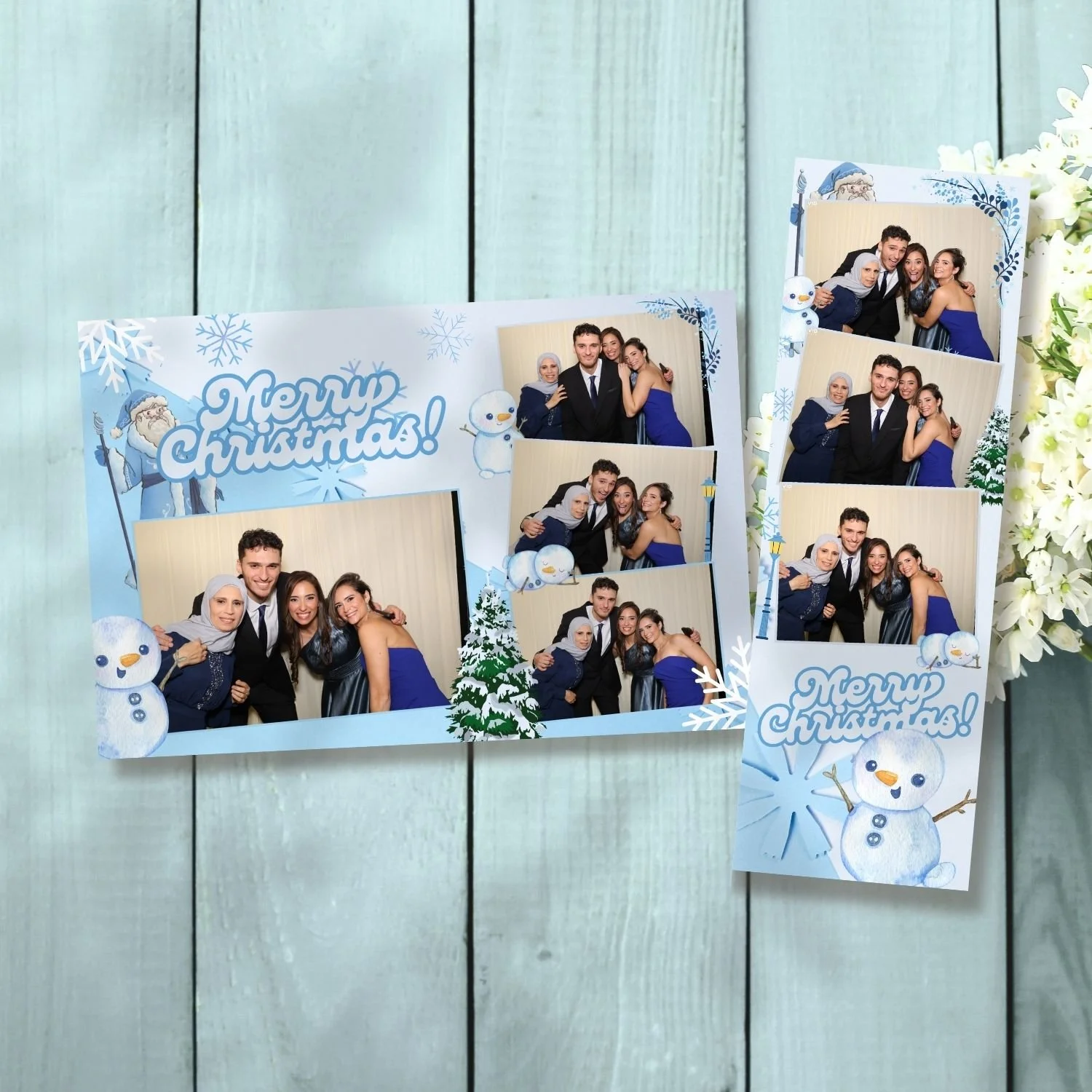 White Christmas Theme Light Blue Canva Editable Template, Winter Holiday Photobooth Design, Snowman 4x6 & 2x6 Strip Layout, Show, White Winter, Christmas