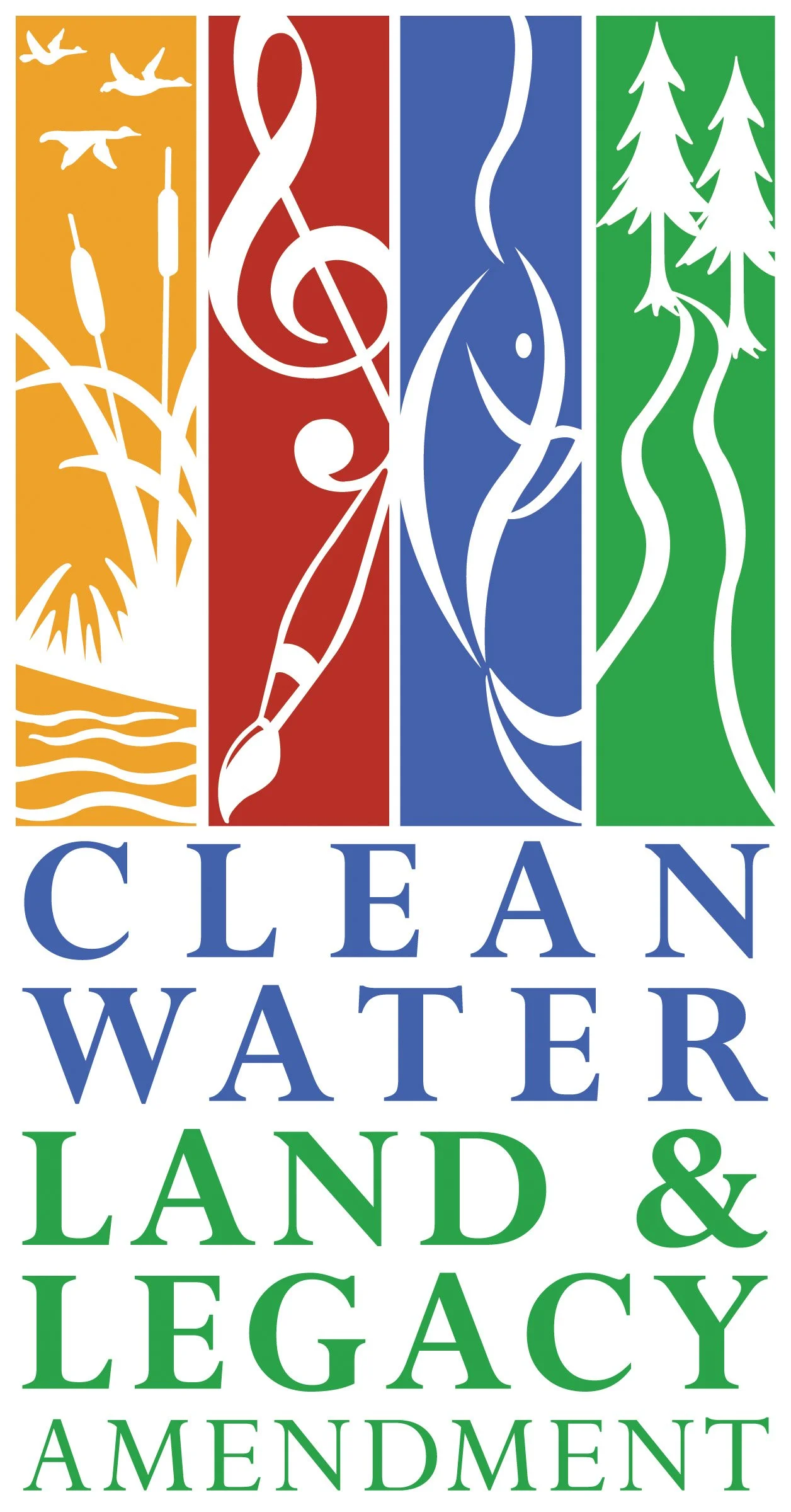 A colorful poster with four vertical sections illustrating nature, wildlife, water, sky, and land. The sections include images of birds, aquatic life, trees, and waves, with large text reading 'Clean Water, Land & Legacy Amendment'.
