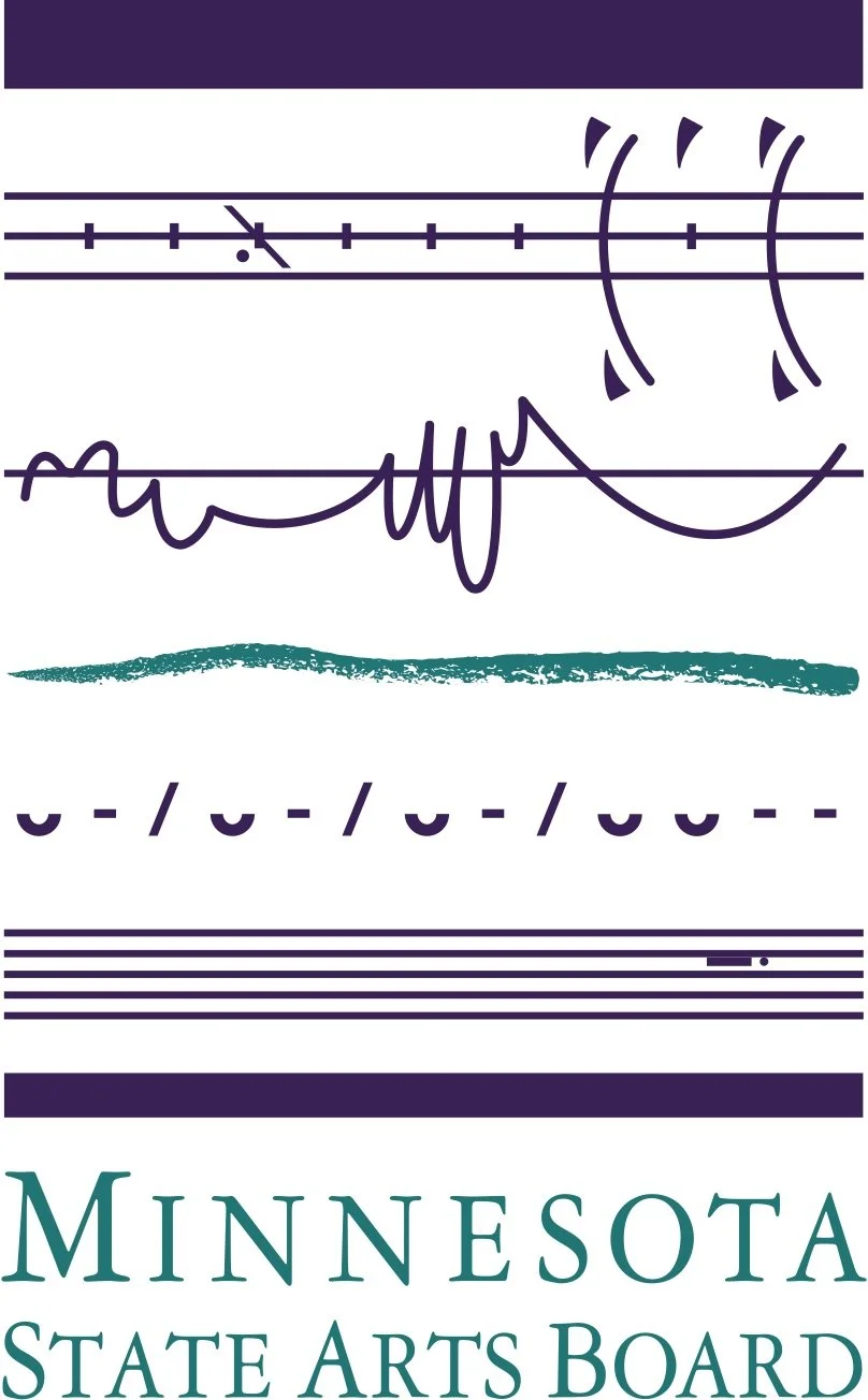 A stylized graphic poster with musical staff lines, notes, and handwritten text, featuring the word 'Minnesota' and 'State Arts Board' at the bottom.