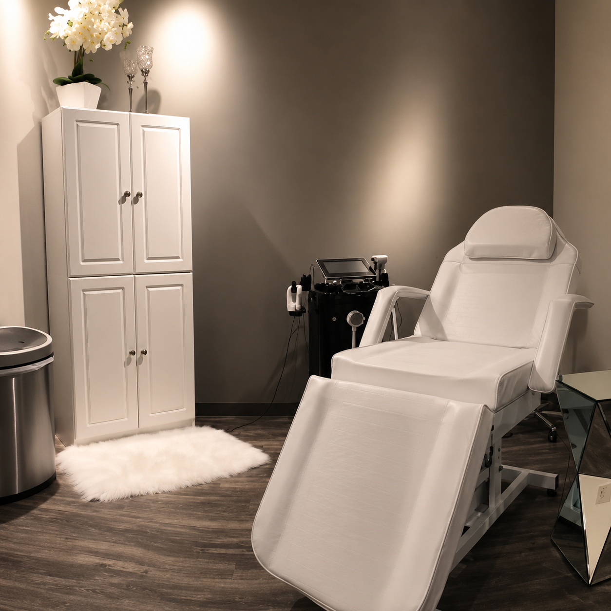 Medical examination room with a white reclining chair, a small glass table, a cabinet with flowers on top, a fluffy white rug, and medical equipment in the corner.
