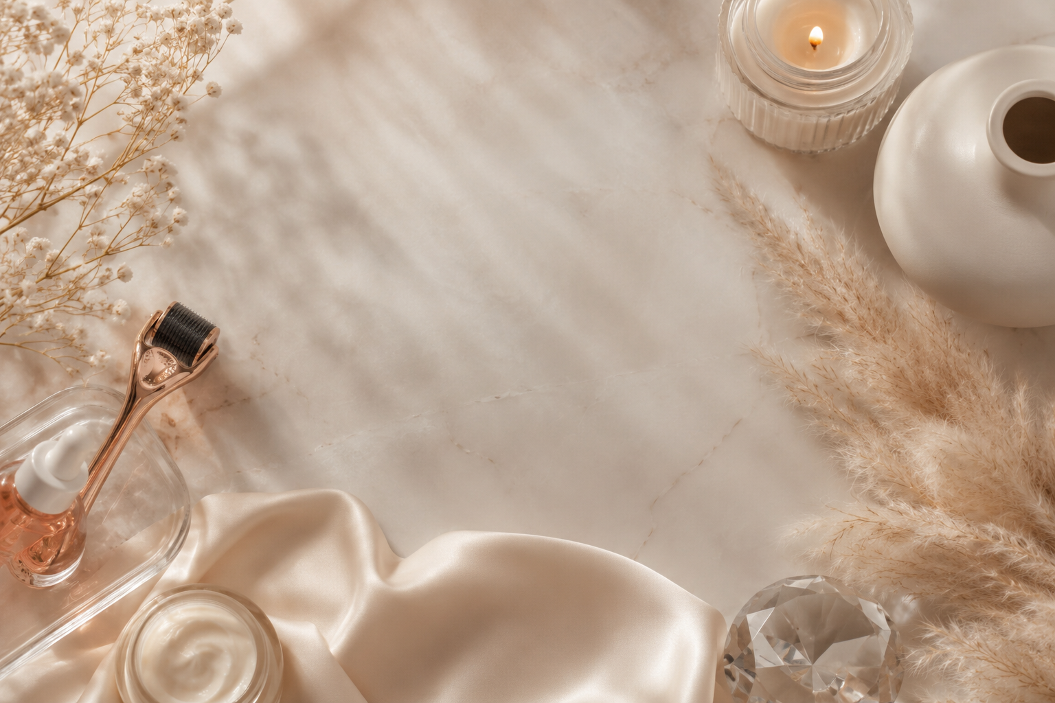 Elegant spa-themed flat lay with skincare products, candle, and wellness essentials in a luxury med spa setting.