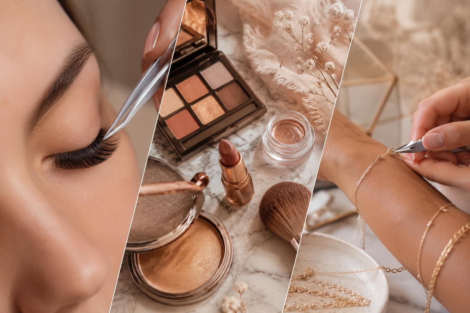 Elegant beauty collage featuring eyelash extensions, professional makeup products, and permanent jewelry services at Adela Medical Spa.