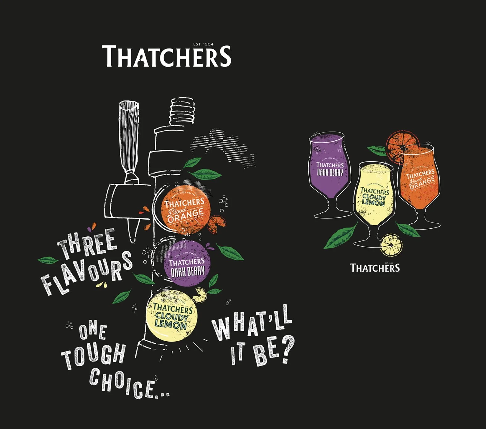 thatchers cider font and glasses illustration showing cider flavours