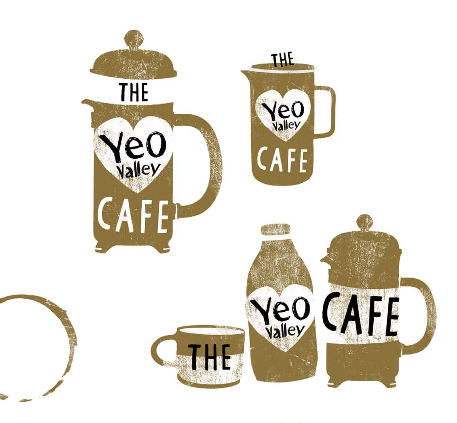 yeo valley logo on gold bown printed effect coffee pots, milk bottles and cafetieres