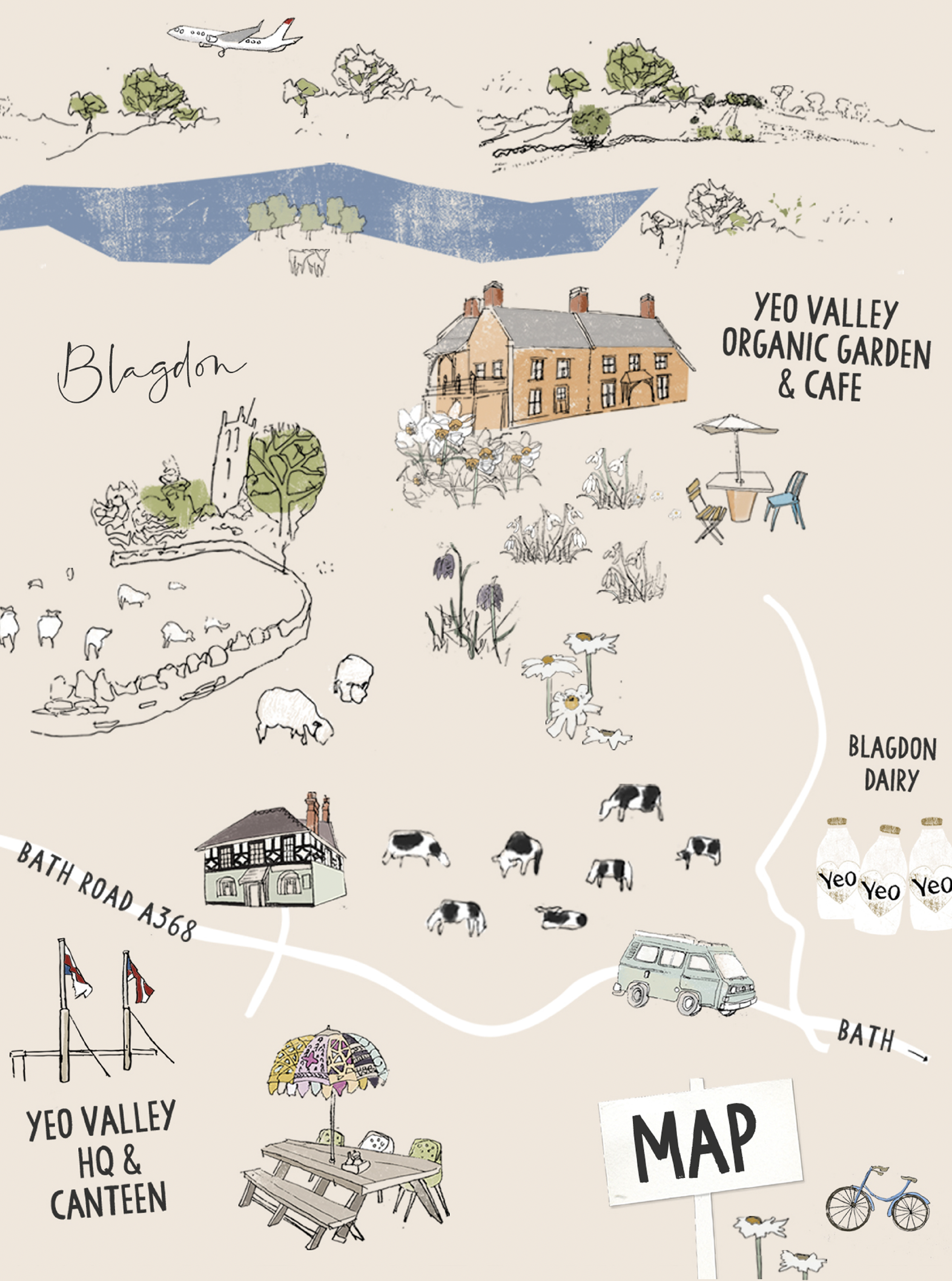 illustration for map of yeo valley farms and gardens with cows, flowers, house, campervan, milk