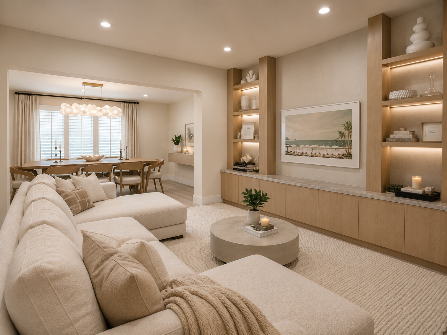 A modern living room with a beige L-shaped sofa, a round coffee table with candles and a plant, built-in wooden shelves with decorative items, a large framed beach scene on the wall, and a dining area with a wooden table, chairs, and a chandelier. Br
